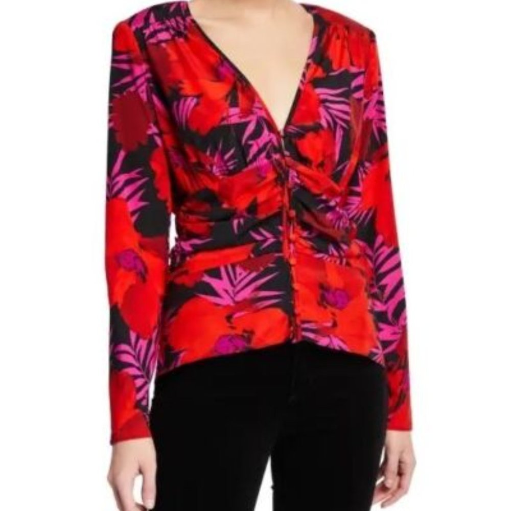 Veronica Beard Pevero Red Floral Silk Ruched Blouse Top 2